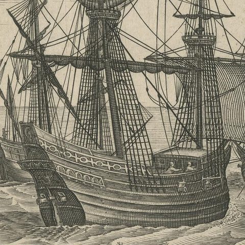Antique Print of a Fleet of Nine Ships Departing to the East Indies '1603', close-up 1