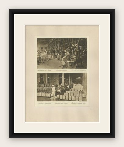 Petroleum Tin Factory & Filling Operations, Photogravure, Sumatra ca.1900, shown framed
