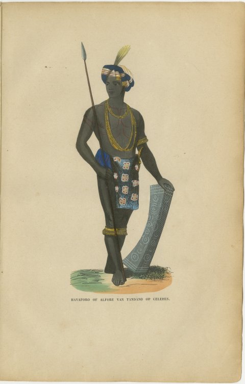 Alfur Man of Tondano, Celebes, Antique Hand-Colored Ethnographic Print, 1854, view 2
