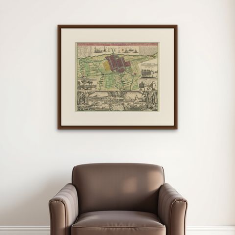 Antique Map and Views of Batavia by Homann Heirs, '1733', shown framed on a wall, true to size