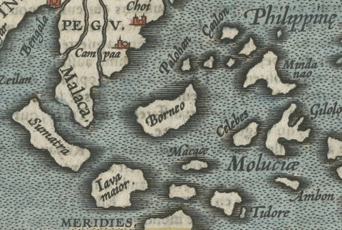 1601 Miniature Map of Southeast Asia & Nova Guinea by Ortelius, Vrients Edition, close-up 3
