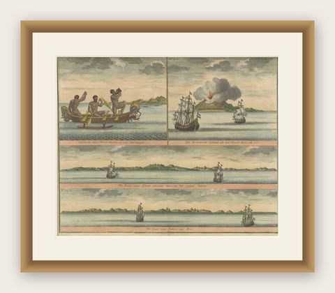Colored Antique Print of New Guinea Fishermen and views of New Guinea, shown framed