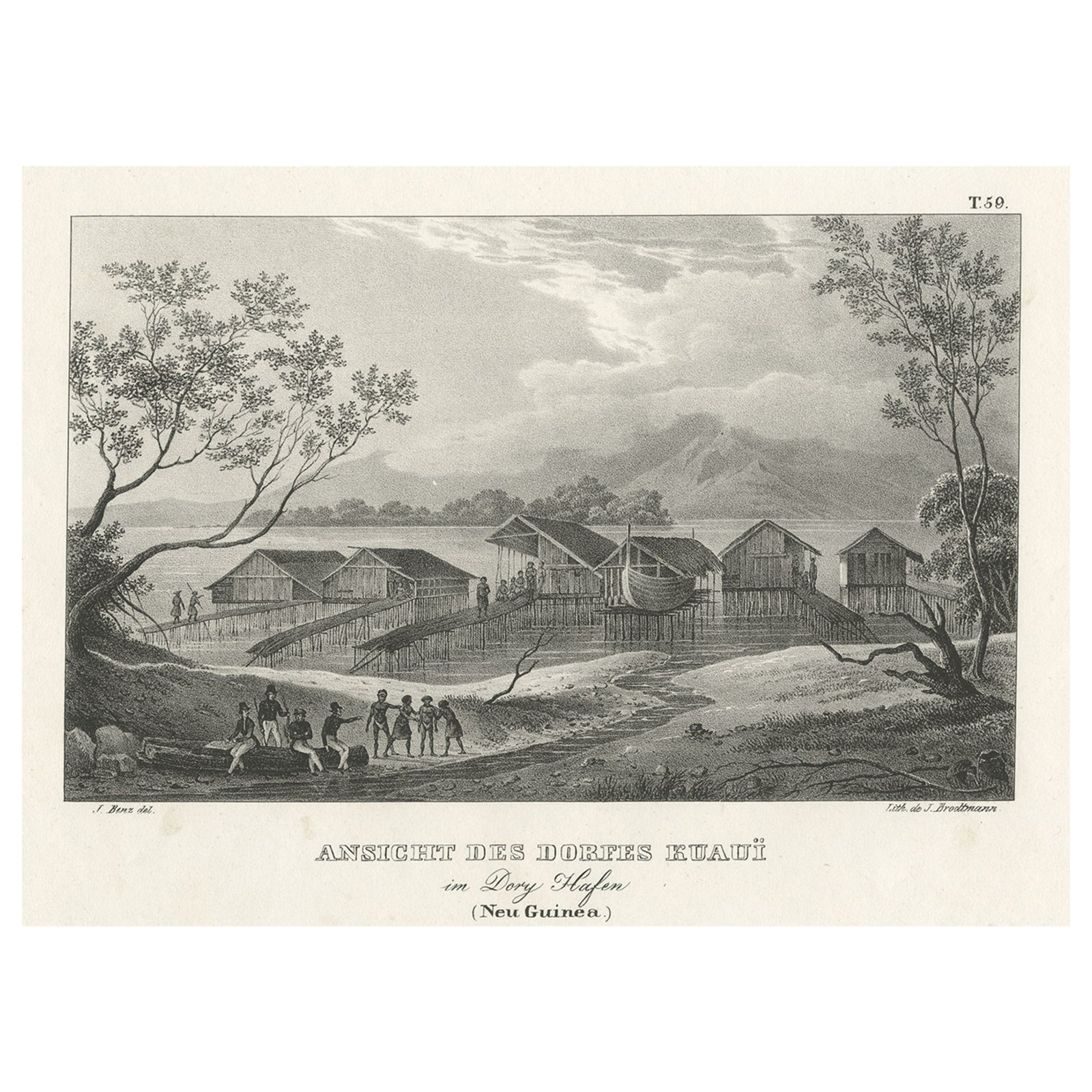 Original Lithograph with a Scene of a Village and Harbour in New Guinea, c.1836