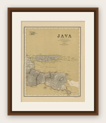 Antique Map of Java in 4 sheets by Dornseiffen, 1884, shown framed