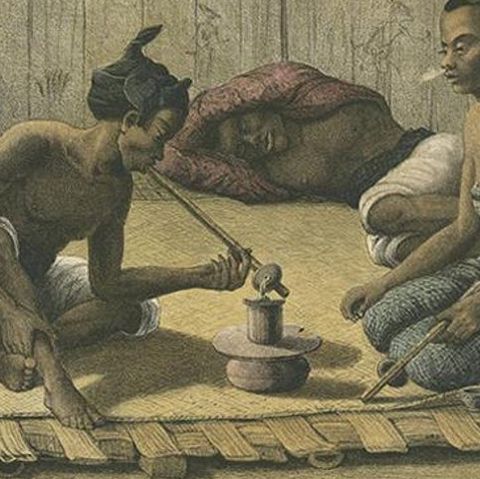 Antique Print of Javanese Locals Smoking Opium by Van Pers, circa 1850, close-up 2
