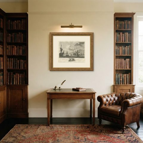 Old Print of VOC Ships in the Sea Near Batavia (Jakarta, Indonesia), 1779, shown framed in a room, true to size