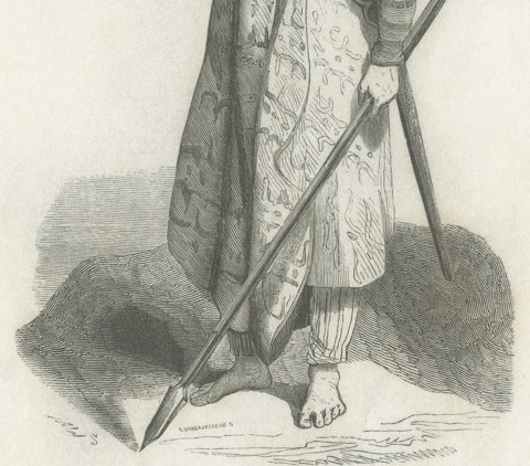Javanese Man in War Dress, Antique Wahlen Costume Print, 1843-1844, close-up 2