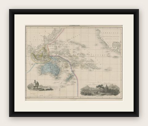 Old Map of the Oceans Around Australia, Indonesia and New Zealand, 1880, shown framed