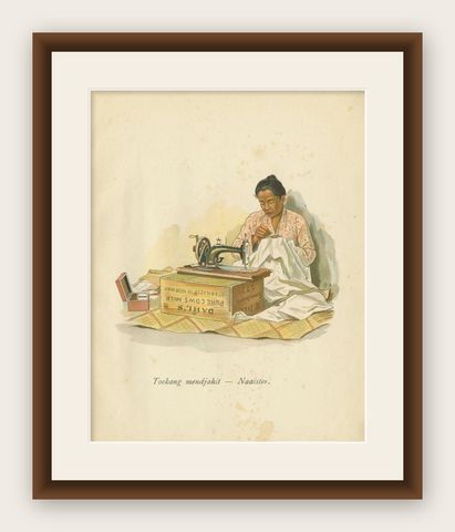 Antique Print of an Indonesian Seamstress, 1909, shown framed
