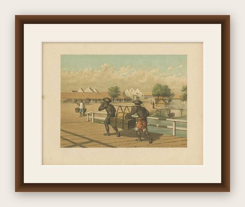 Antique Print of native 'koelies' or carriers on Java by M.T.H. Perelaer (1888), shown framed