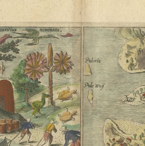 Antique Engravings of Mauritius and Indonesia, incl de Banda Islands, c.1730, close-up 3