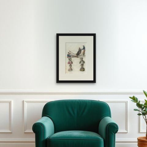 Antique Print of Various Scenes in Kupang by Ferrario, '1831', shown framed on a wall, true to size
