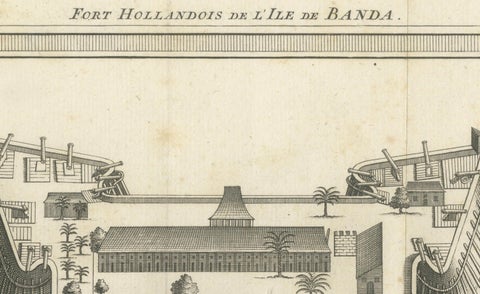 VOC Fort Nassau at Banda of The Spice Islands, Bird’s-eye View Engraving, c.1740, close-up 1