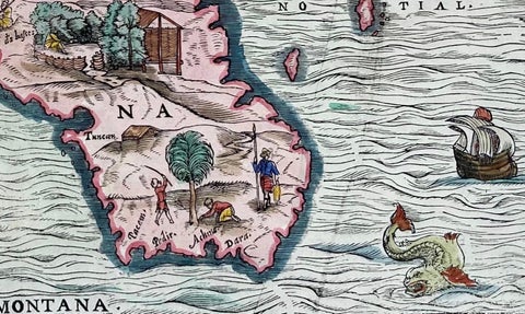 1606 Hand-Colored Woodcut Map of Sumatra from Ramusio’s Delle Navigationi, close-up 1
