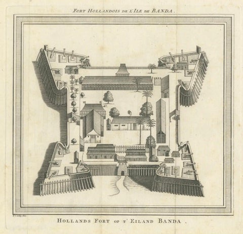 VOC Fort Nassau at Banda of The Spice Islands, Bird’s-eye View Engraving, c.1740, close-up 6