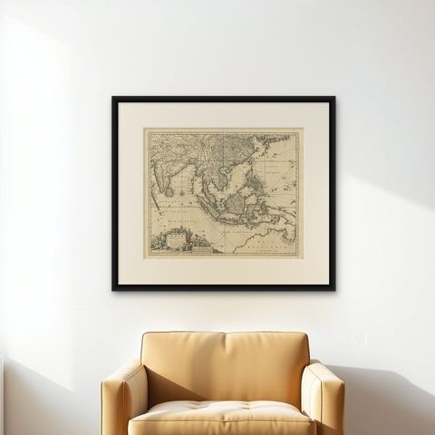 Antique Map of Southeast Asia 'India, Indonesia' by N. Visscher, circa 1670, shown framed on a wall, true to size