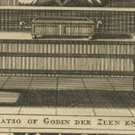 Antique Print of a Chinese Temple and Chinese deity Calamija by Valentijn, 1726, close-up 1
