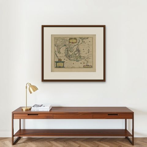 Original Antique Map of the East Indies (Indonesia) by Janssonius, c.1644, shown framed on a wall, true to size