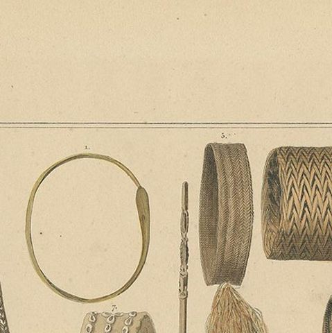 Print with Items of Papua 'New Guinea, Indonesia' by Temminck, circa 1840, close-up 1