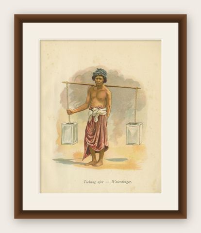 Antique Print of an Indonesian Man Carrying Water, 1909, shown framed