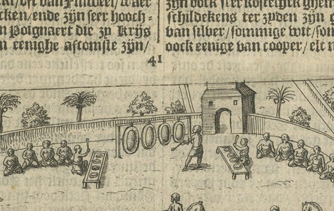 Earliest Depiction of Balinese Festival and Gamelan, Dutch Engraving c.1601, close-up 4