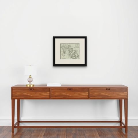 Antique Map of India, the East Indies and the Philippines, shown framed on a wall, true to size