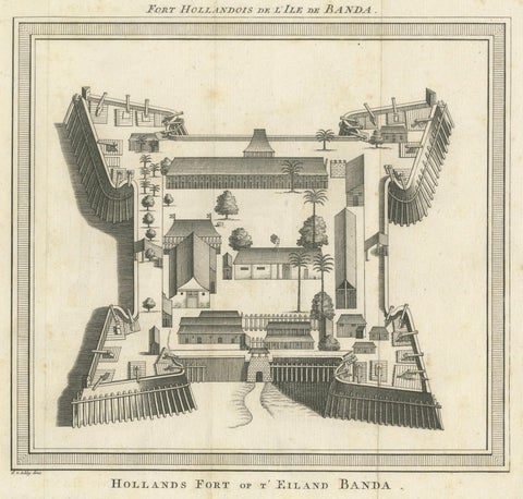 VOC Fort Nassau at Banda of The Spice Islands, Bird’s-eye View Engraving, c.1740, close-up 5