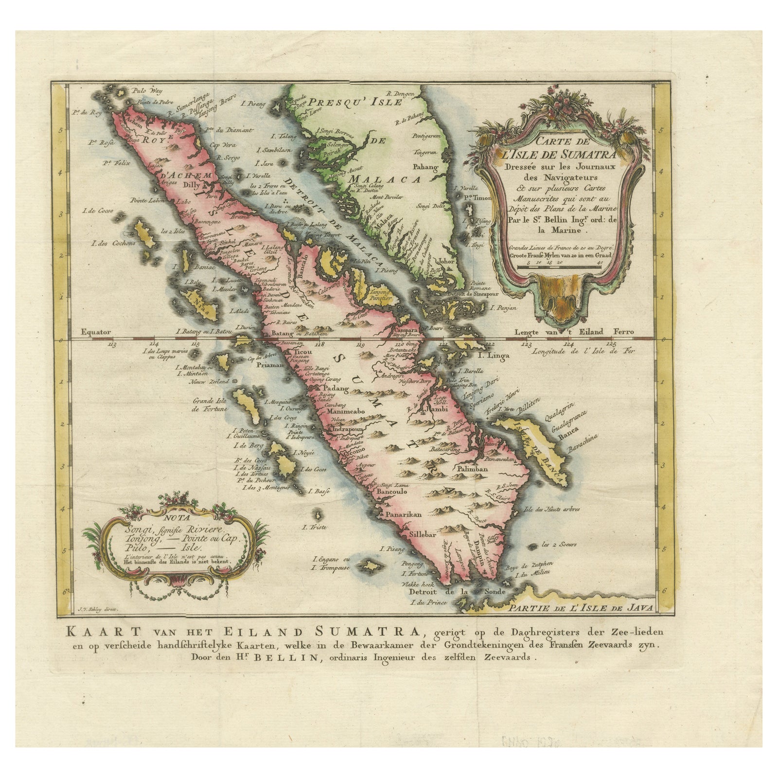 Rare 1770 Bellin Map of Sumatra with Stunning Decorative Cartouches