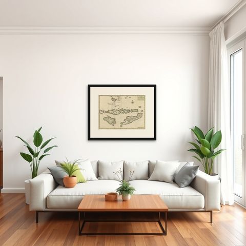 Old Antique Map of the Sumbawa, Flores, Timor in the Banda Region of Indonesia, shown framed in a room, true to size