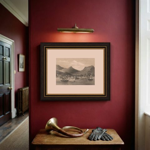 Old Military Scene of Dutch Ships Bombing Atchin in Sumatra, Indonesia, 1784, shown framed on a wall, true to size