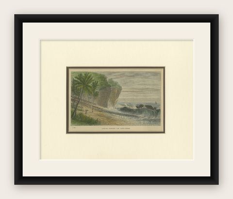 Landing Through the Surf, Ceram, late 19th-century hand-colored wood engraving, shown framed