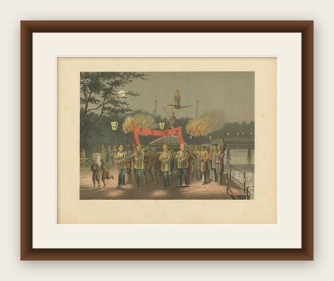 Antique Print of a Ceremony in Batavia by M.T.H. Perelaer, 1888, shown framed