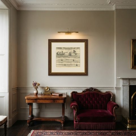 Old Print of VOC Ships & Native Fisherman and Coastal Views of New Guinea, 1726, shown framed in a room, true to size