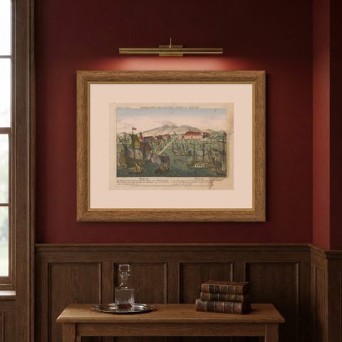 Antique Print of the Harbour of Batavia by Probst, c.1760, shown framed on a wall, true to size