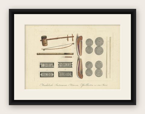 Print of Musical Instruments and Other Items of Java by Hurter 'circa 1830', shown framed