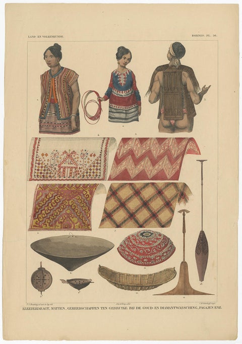 Print with Clothes and Utensils of Borneo 'Indonesia' by Temminck, circa 1840, view 4