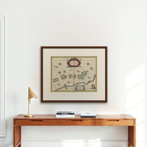 Beautiful Antique Map of the Moluccas or Spice Islands, Indonesia, ca.1650, shown framed on a wall, true to size