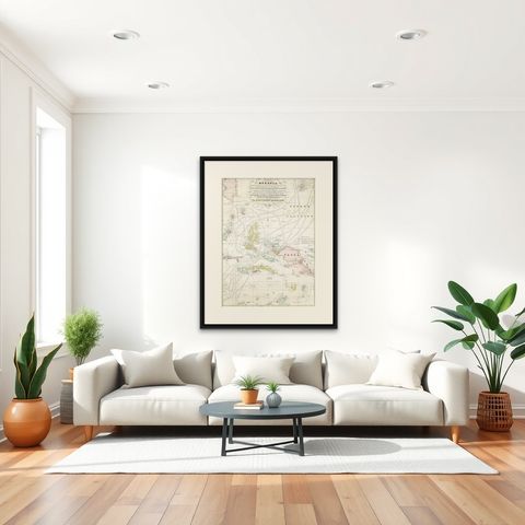 Large Italian Map of Islands of Oceania, incl Papua, Timor, Banda, Ceram, 1855, shown framed in a room, true to size