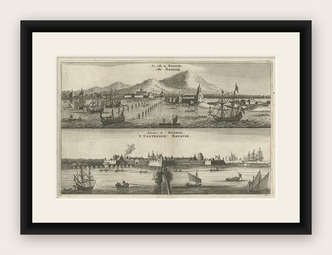 Old Print with a View on the City & Castle of Batavia 'Jakarta', Indonesia, 1668, shown framed
