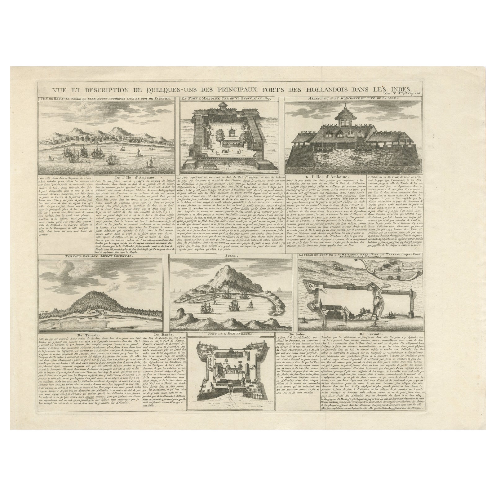 Antique Dutch East Indies Forts Engraving, VOC Batavia, Ambon & Banda, c.1719