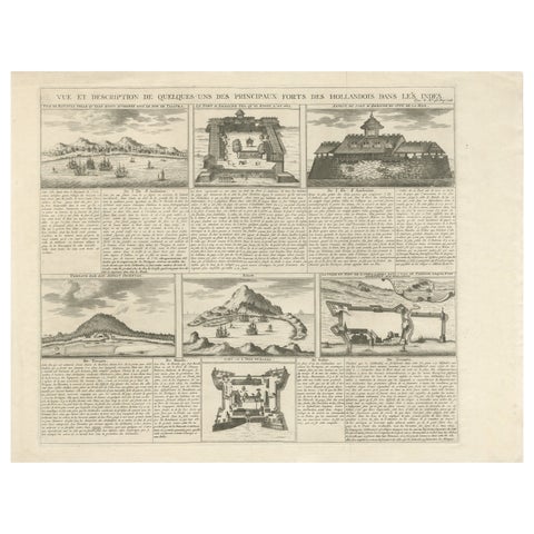 Antique Dutch East Indies Forts Engraving, VOC Batavia, Ambon & Banda, c.1719