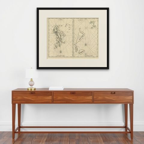 Antique Map of Sangir Island and the Talaud Islands by Valentijn, 1726, shown framed on a wall, true to size
