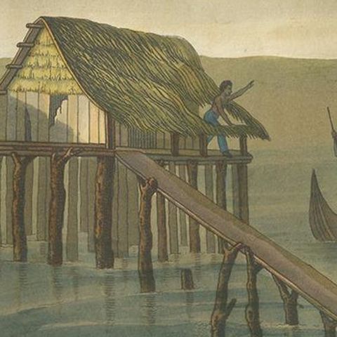 Antique Print of Papuan Houses by Ferrario, '1831', close-up 2