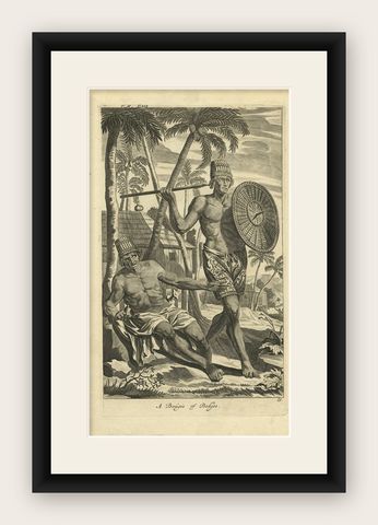 Engraving of Buginese people near Batavia, East Indies, Indonesia, 1744, shown framed