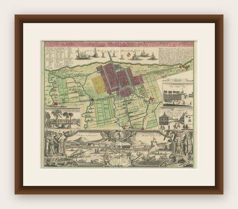 Antique Map and Views of Batavia by Homann Heirs, '1733', shown framed