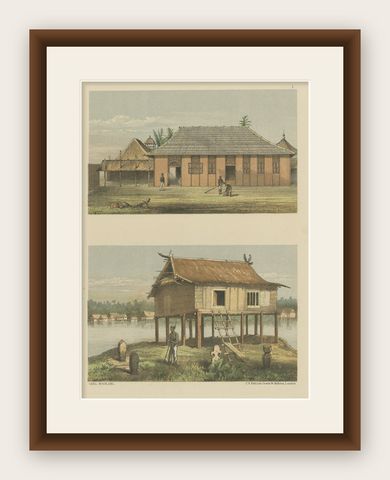 Antique Print of a Malayan Houses in Sumatra, Indonesia, 1881, shown framed