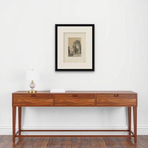 Antique Print of the Borobudur Temple Portal near Yogyakarta, Indonesia, c.1880, shown framed on a wall, true to size