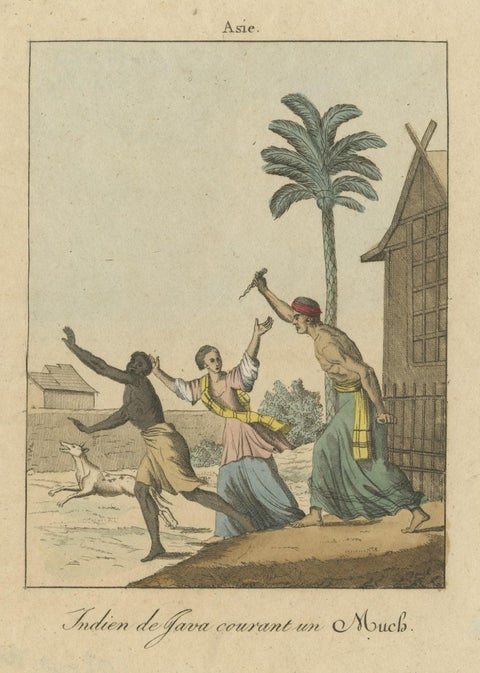 Antique Print of a Domestic Scene on Java, Indonesia, c.1840, close-up 1