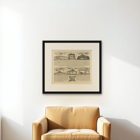 Antique Print of Forts and Views of the East Indies or Nowadays Indonesia, 1719, shown framed on a wall, true to size