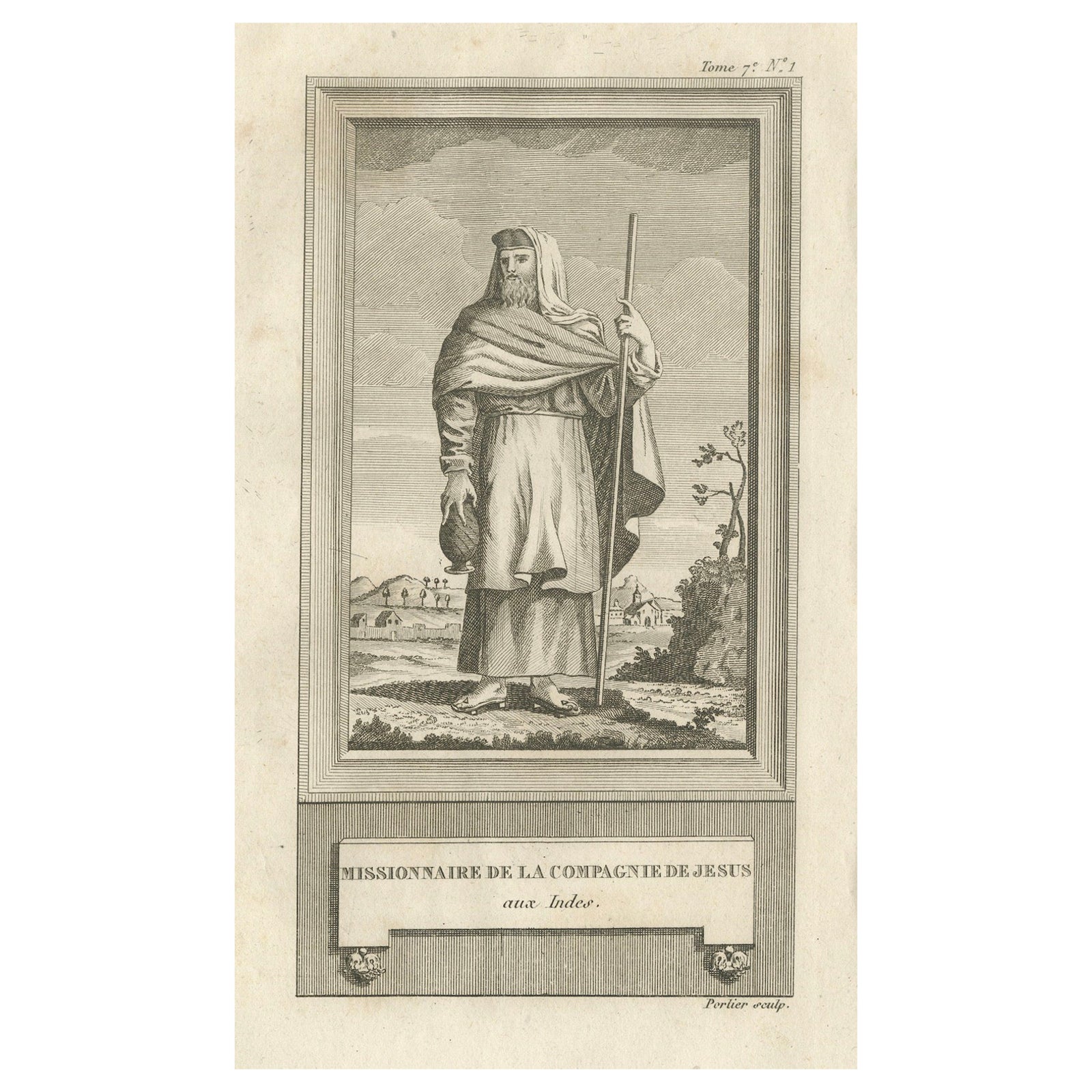 Jesuit Missionary in the Indies, Antique French Engraving by Portier, c.1790